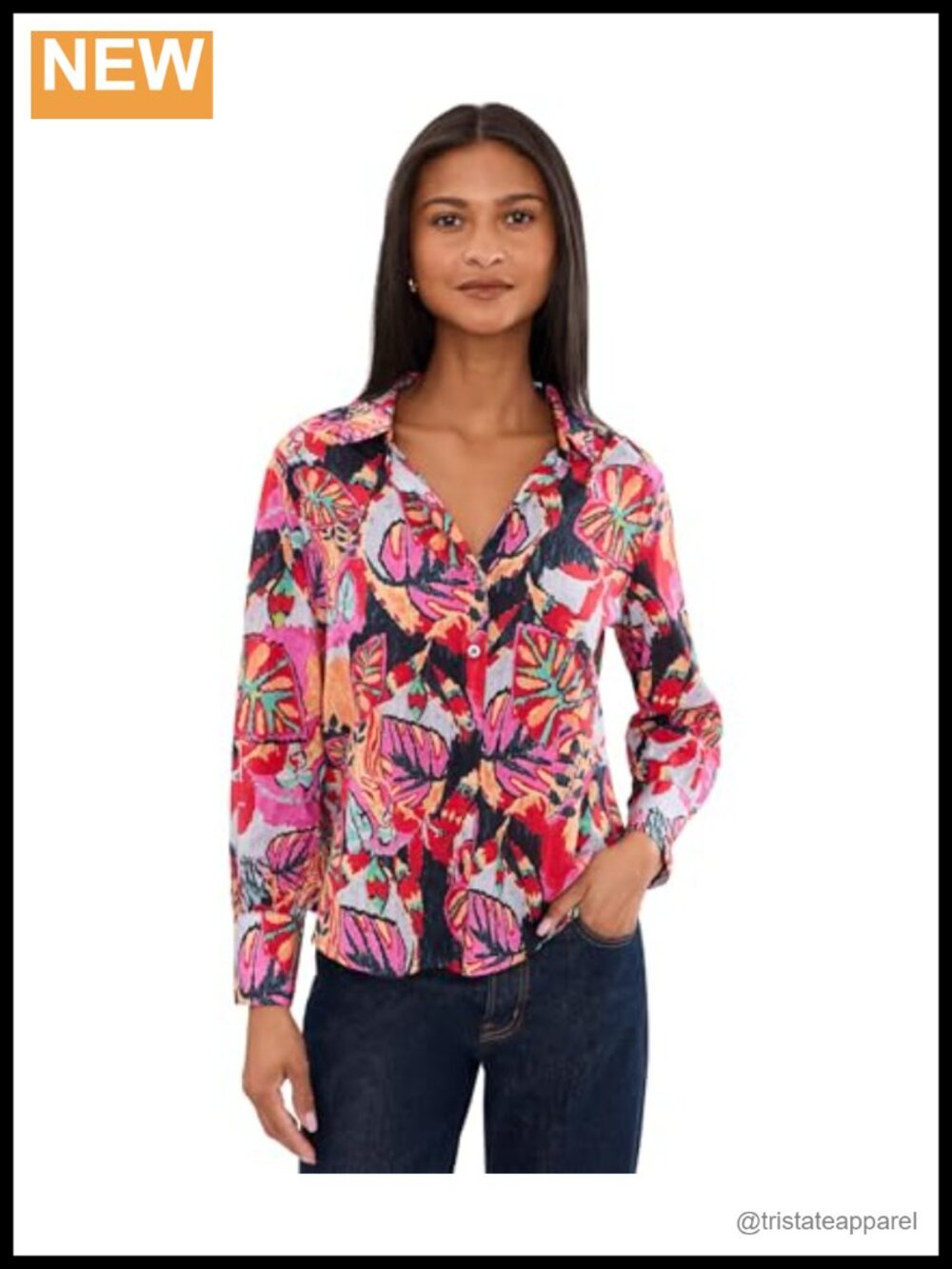Petite Cotton Crinkle Button Down Shirt Floral Long Sleeve